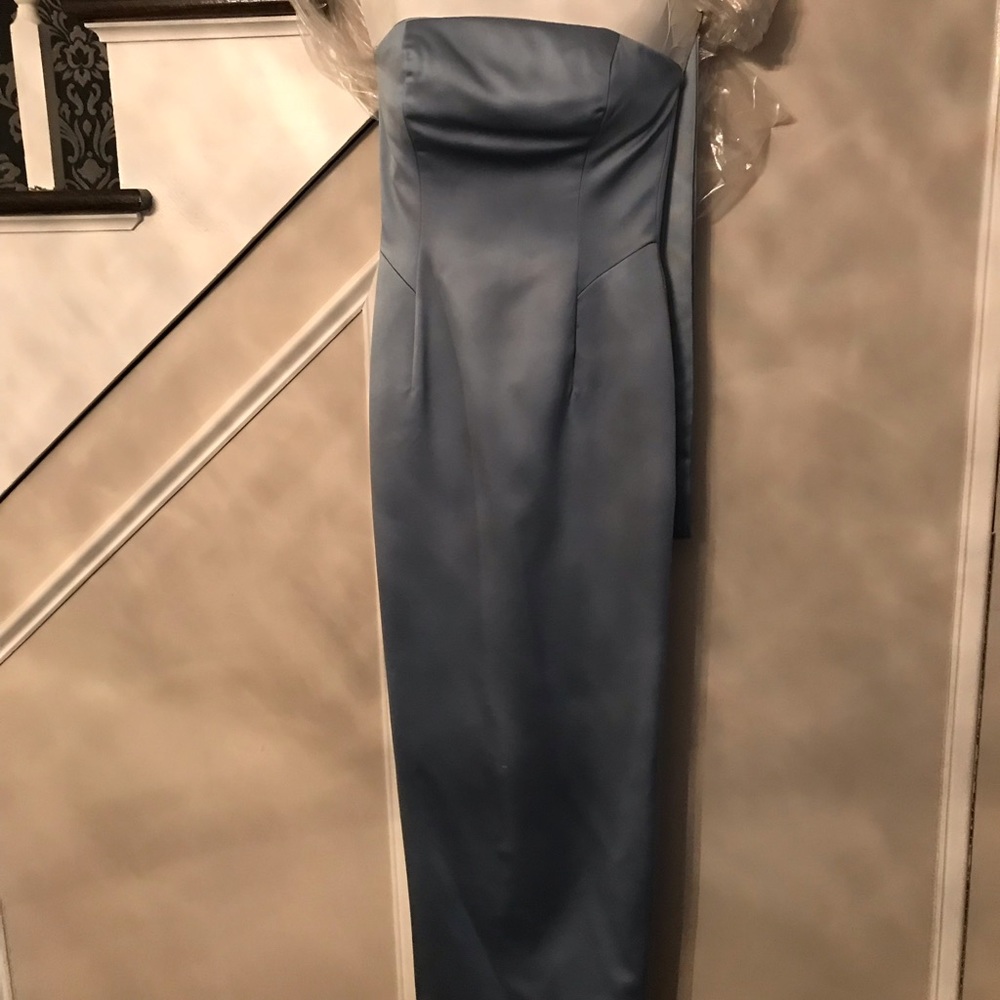 Light blue strapless evening dress.